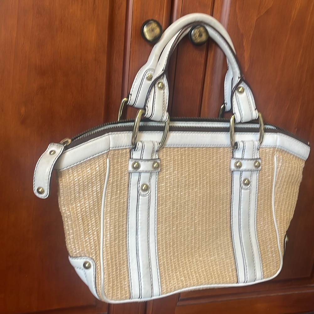 Banana Republic, leather and straw bag. Gorgeous details with gold buckles.